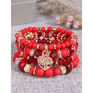 4pcs Simple Multilayered Beaded Charm Bracelet With Heart Pendant For Women